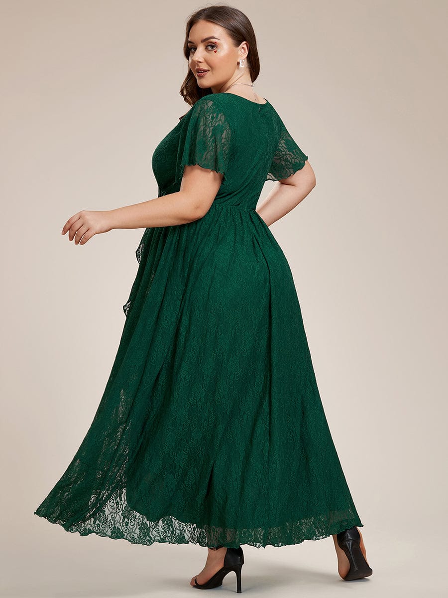 Plus Size Short Sleeve Ruffled V-Neck A-Line Lace Evening Dress