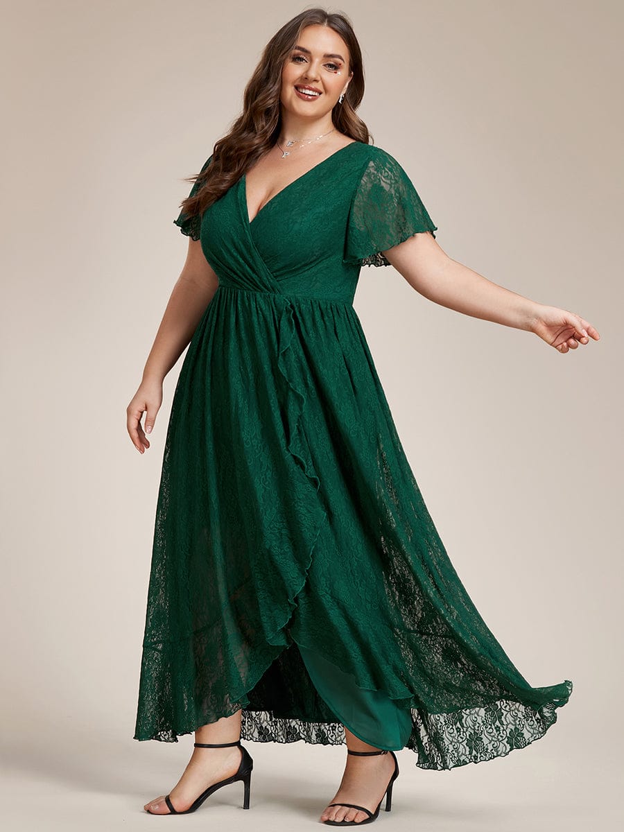 Plus Size Short Sleeve Ruffled V-Neck A-Line Lace Evening Dress