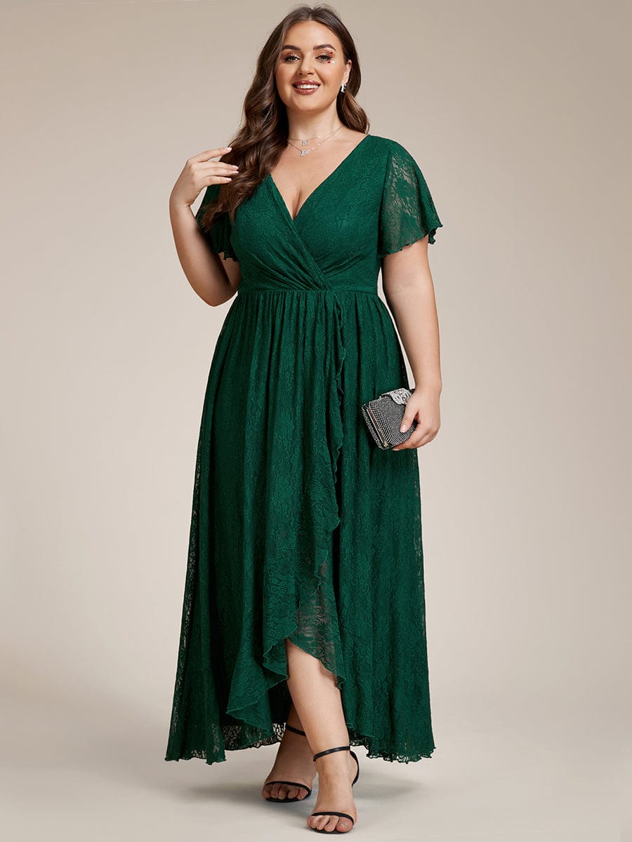 Plus Size Short Sleeve Ruffled V-Neck A-Line Lace Evening Dress