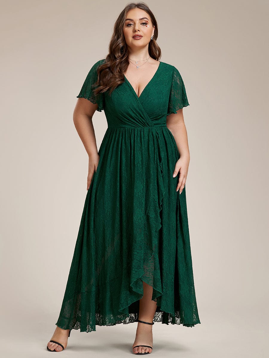 Plus Size Short Sleeve Ruffled V-Neck A-Line Lace Evening Dress