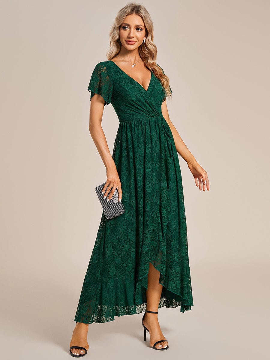 Pleated V-Neck Short Sleeve Ruffled Lace Evening Dress