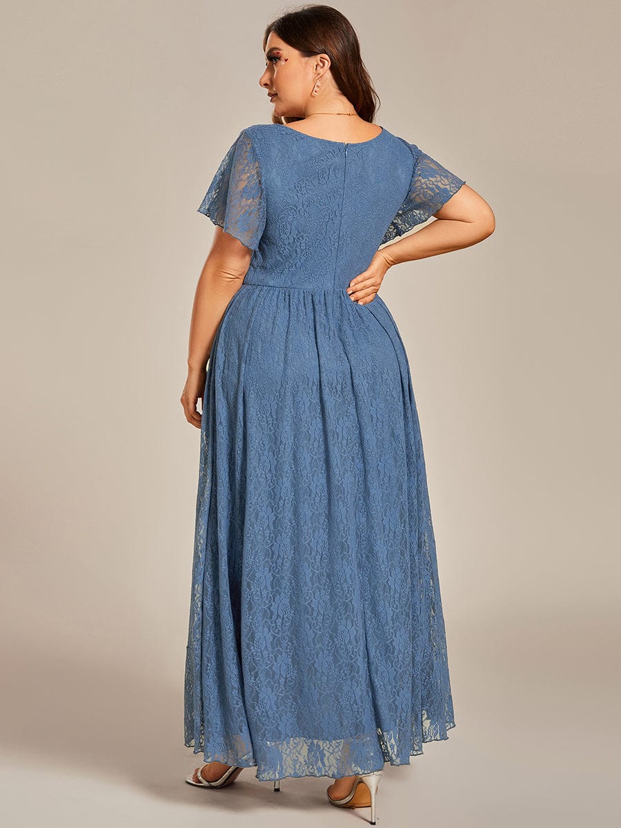 Plus Size Short Sleeve Ruffled V-Neck A-Line Lace Evening Dress