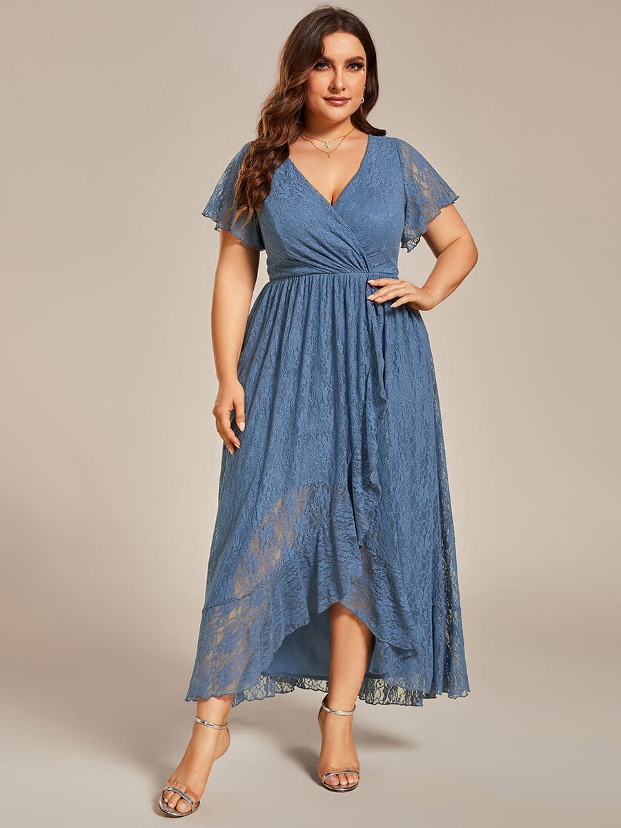 Plus Size Short Sleeve Ruffled V-Neck A-Line Lace Evening Dress