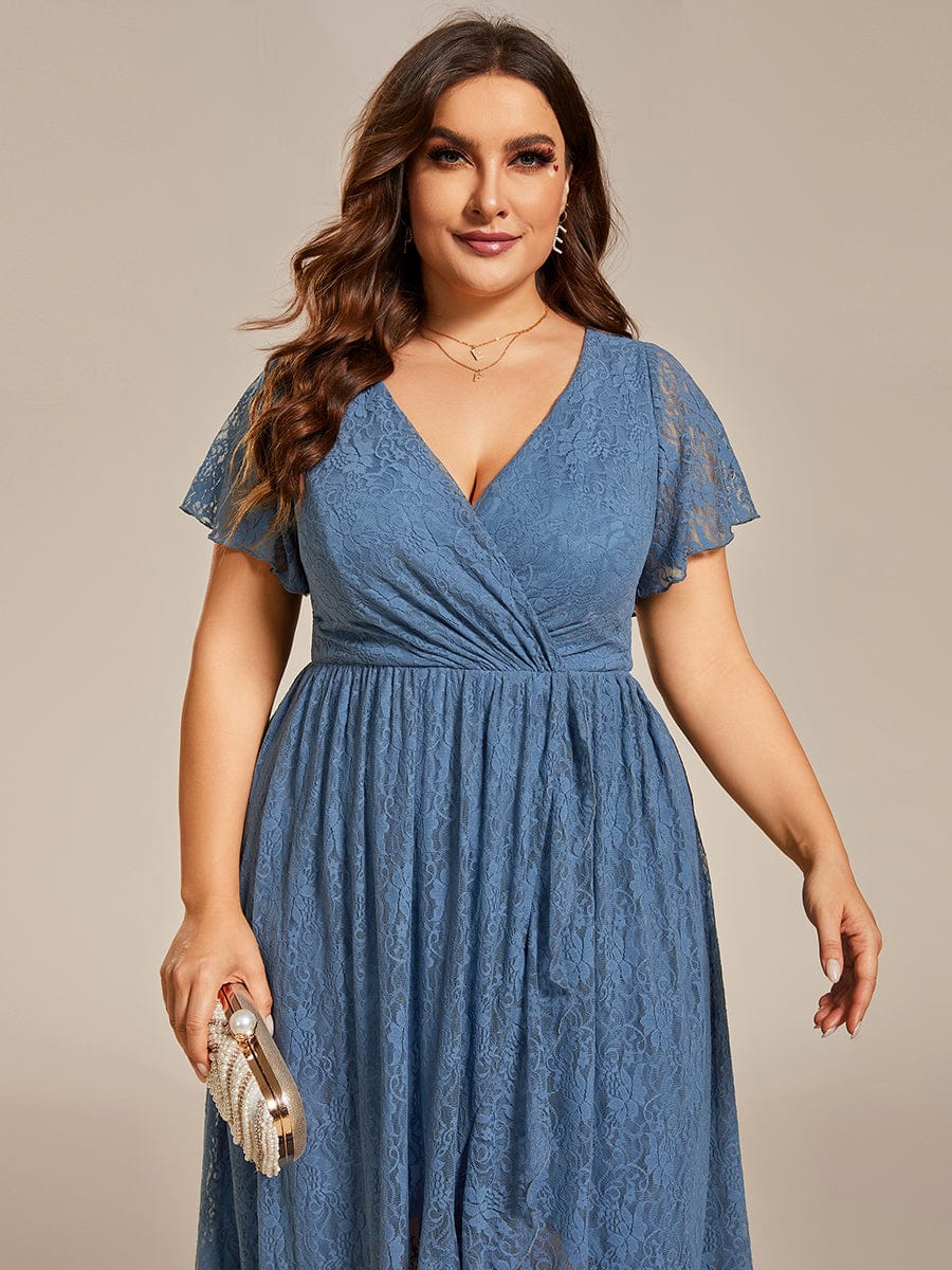 Plus Size Short Sleeve Ruffled V-Neck A-Line Lace Evening Dress