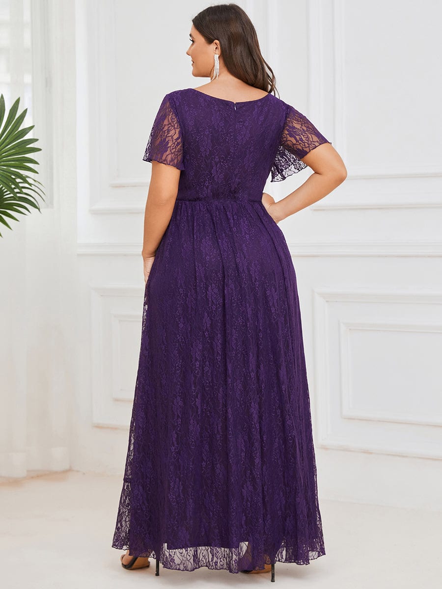 Plus Size Short Sleeve Ruffled V-Neck A-Line Lace Evening Dress