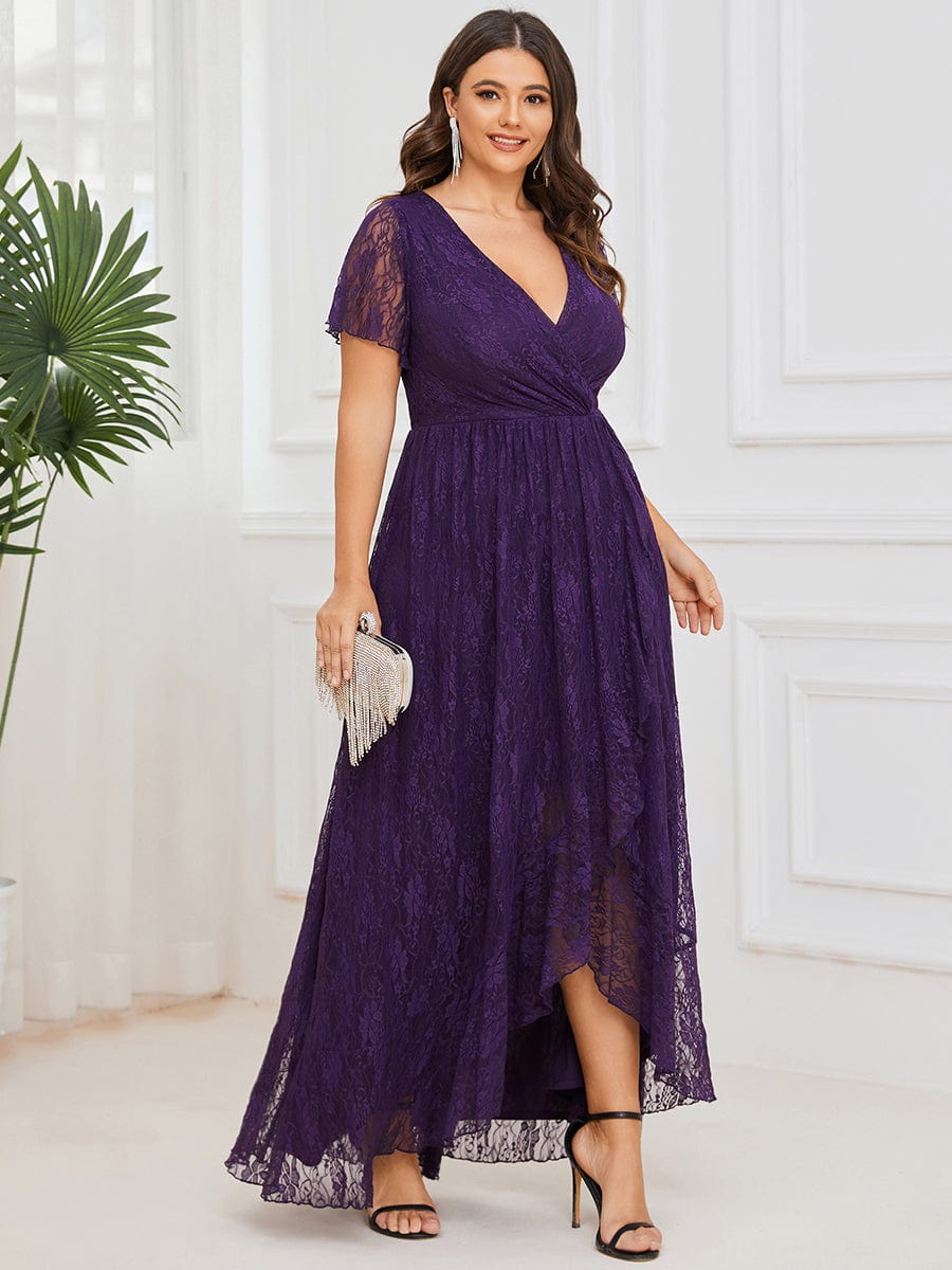 Plus Size Short Sleeve Ruffled V-Neck A-Line Lace Evening Dress