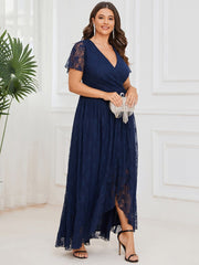 Plus Size Short Sleeve Ruffled V-Neck A-Line Lace Evening Dress