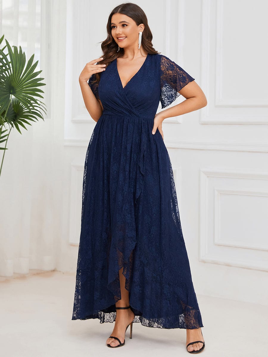 Pleated V-Neck Short Sleeve Ruffled Lace Evening Dress