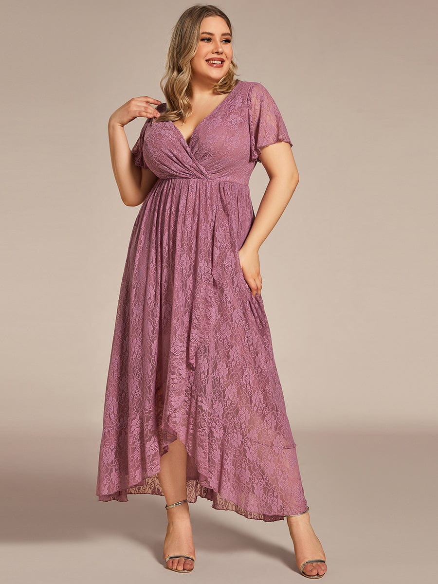 Plus Size Short Sleeve Ruffled V-Neck A-Line Lace Evening Dress