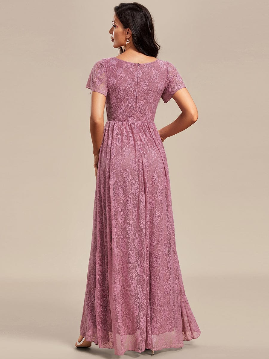 Pleated V-Neck Short Sleeve Ruffled Lace Evening Dress