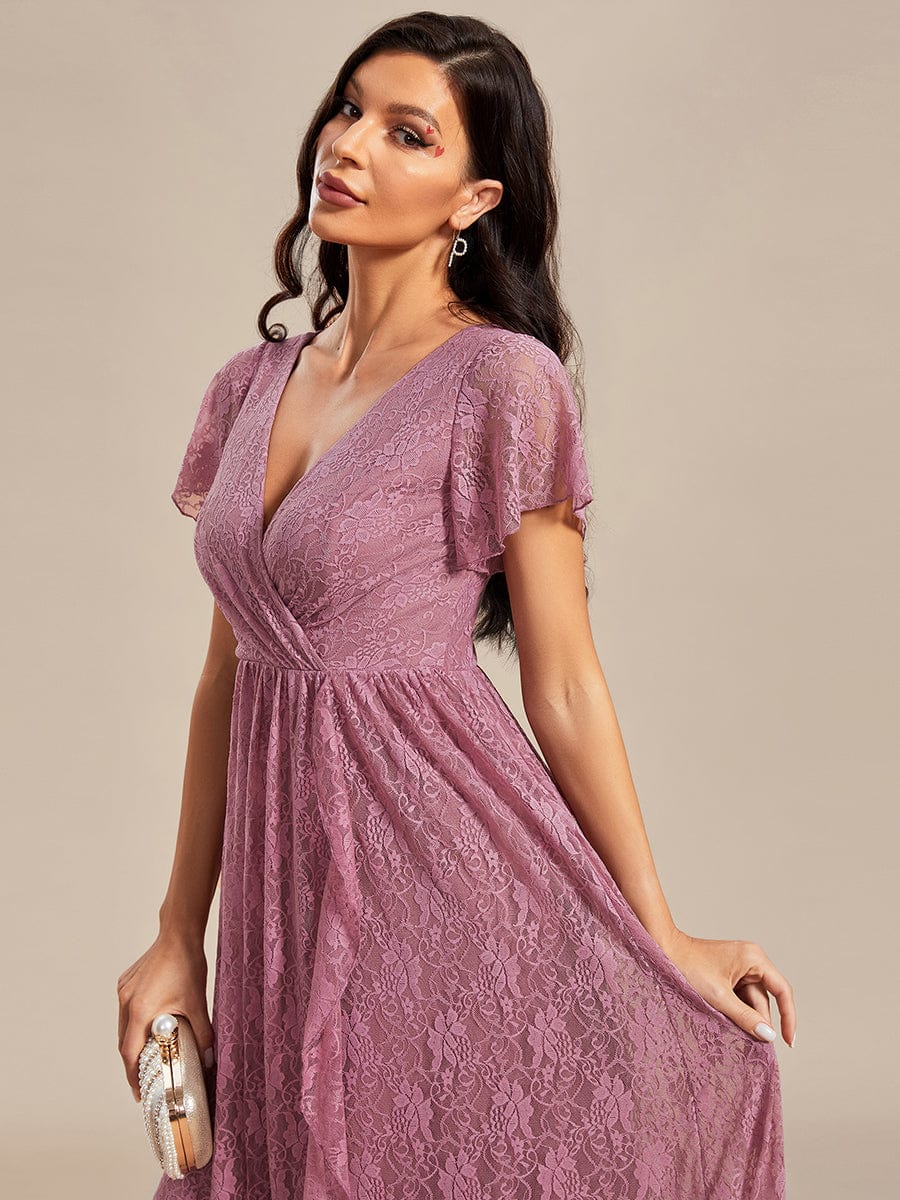 Pleated V-Neck Short Sleeve Ruffled Lace Evening Dress