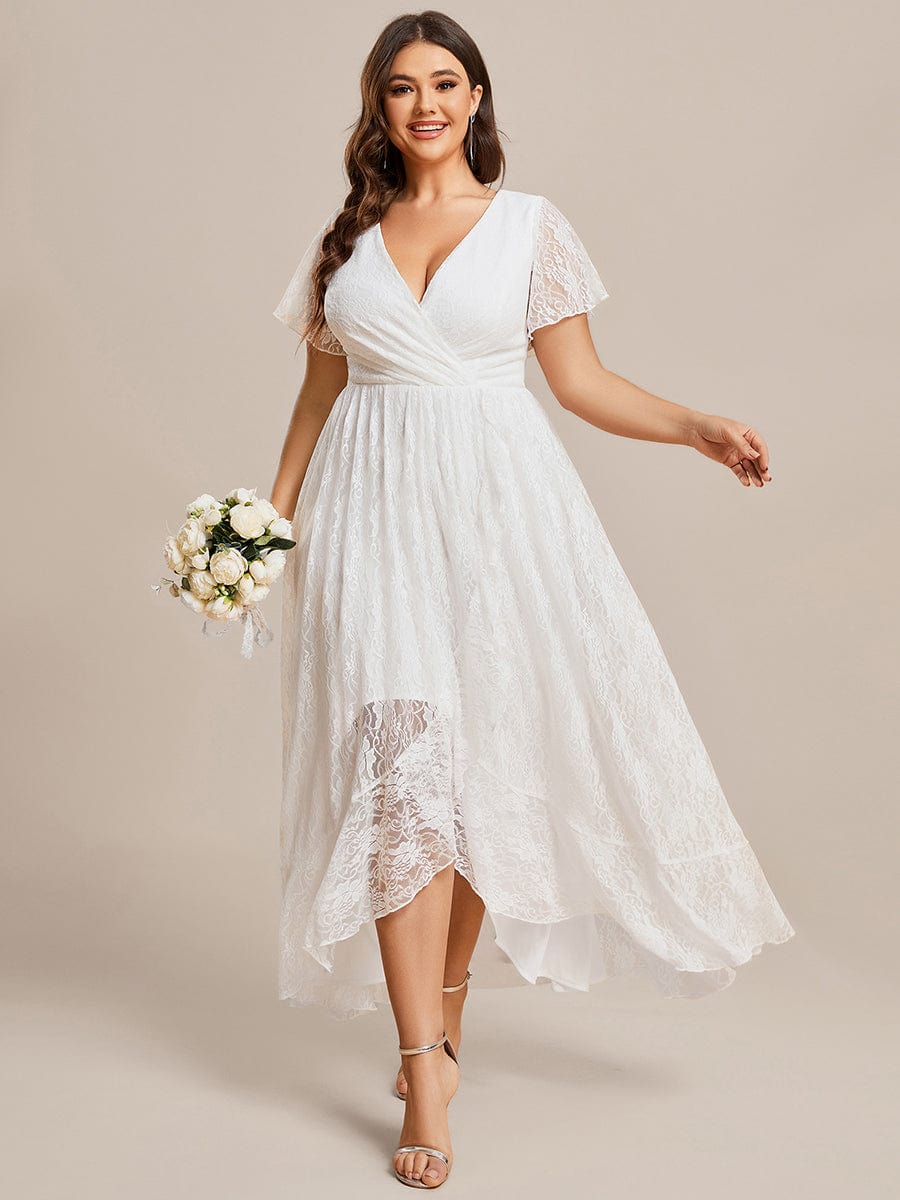 Plus Size Short Sleeve Ruffled V-Neck A-Line Lace Evening Dress