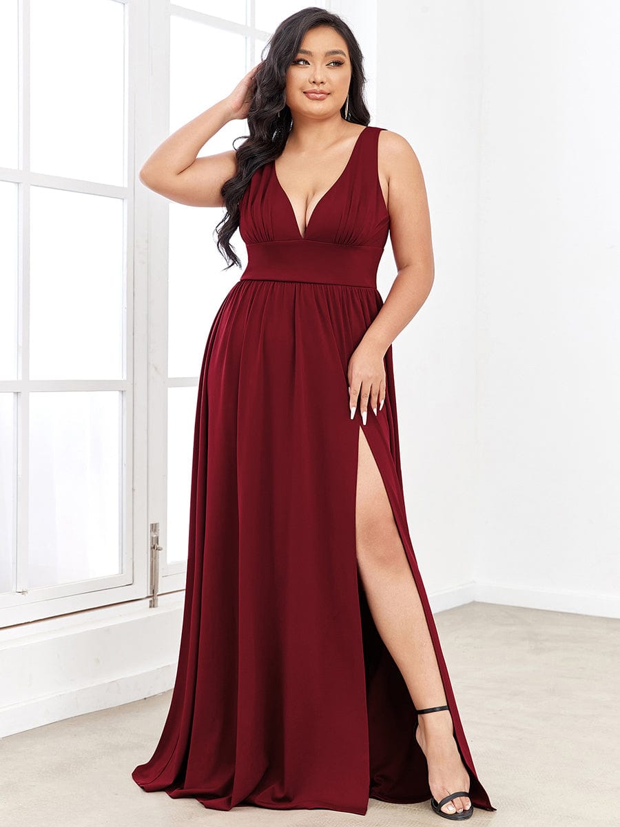 Plus Size Sleeveless V-Neck Empire Waist High Slit Floor-Length Evening Dress