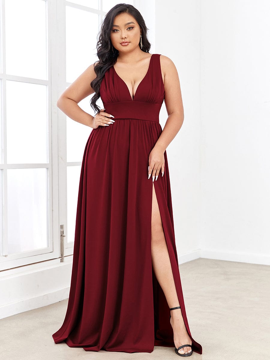 Plus Size Sleeveless V-Neck Empire Waist High Slit Floor-Length Evening Dress