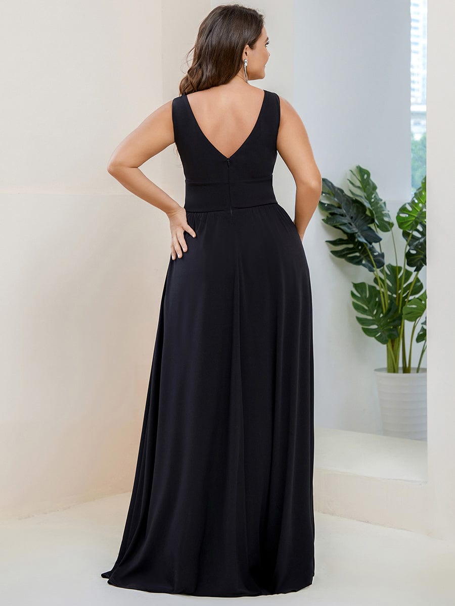 Plus Size Sleeveless V-Neck Empire Waist High Slit Floor-Length Evening Dress