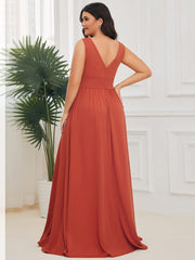 Plus Size Sleeveless V-Neck Empire Waist High Slit Floor-Length Evening Dress