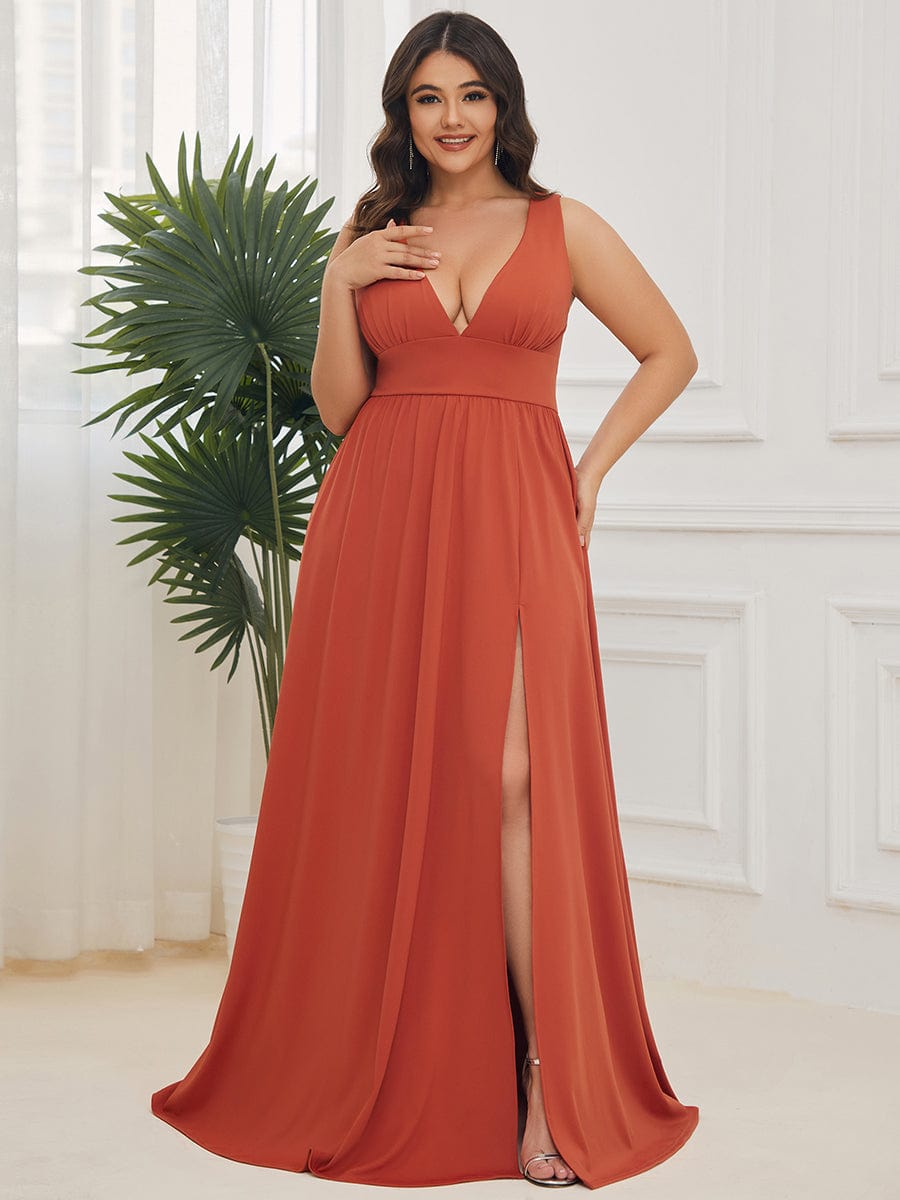 Plus Size Sleeveless V-Neck Empire Waist High Slit Floor-Length Evening Dress