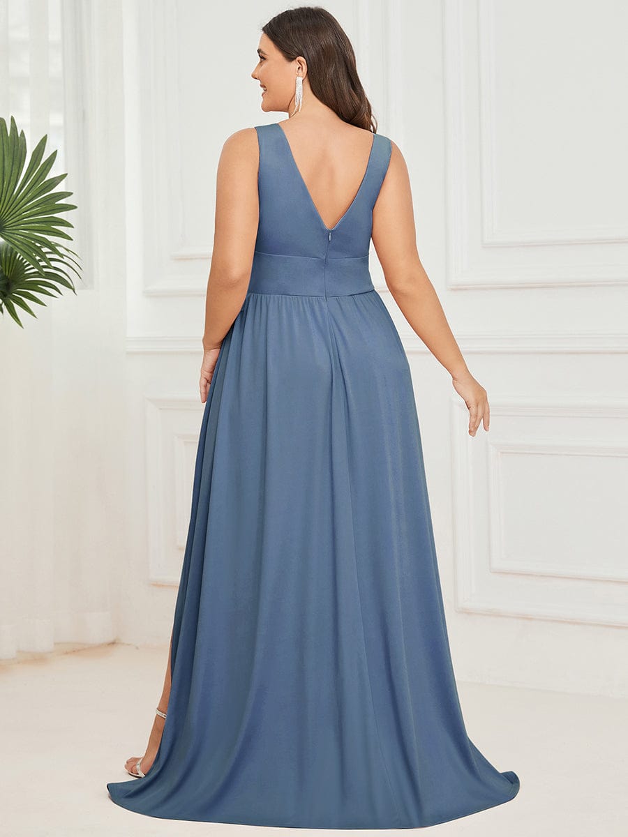 Plus Size Sleeveless V-Neck Empire Waist High Slit Floor-Length Evening Dress