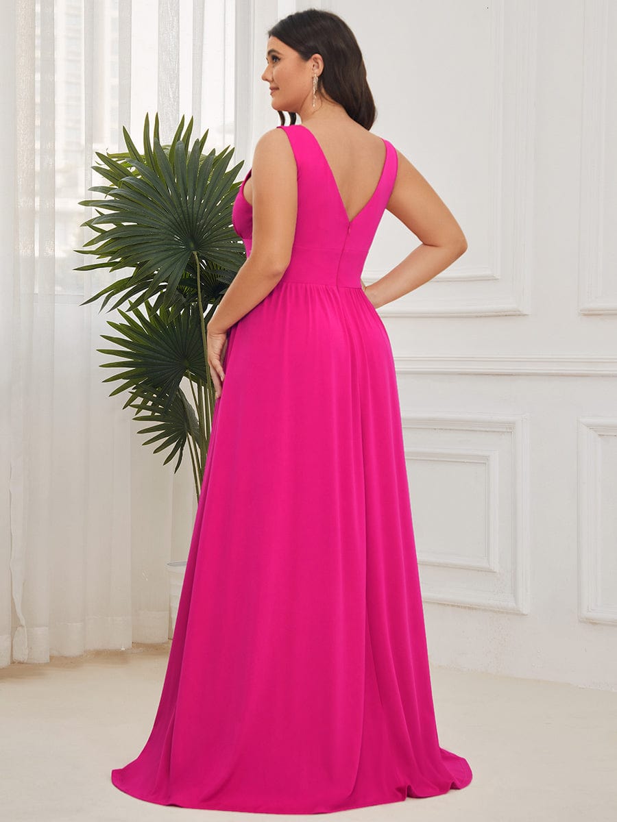 Plus Size Sleeveless V-Neck Empire Waist High Slit Floor-Length Evening Dress