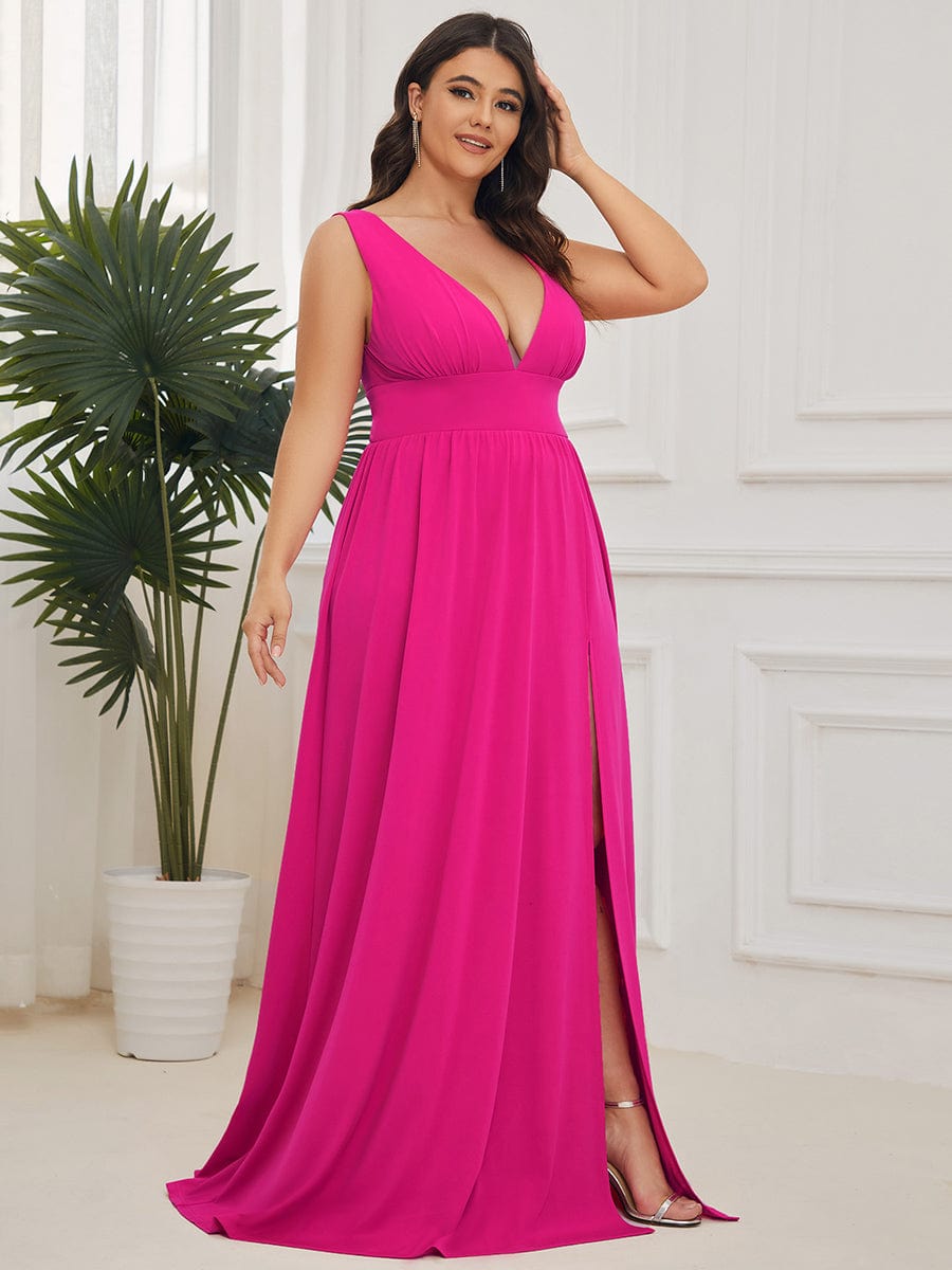 Plus Size Sleeveless V-Neck Empire Waist High Slit Floor-Length Evening Dress