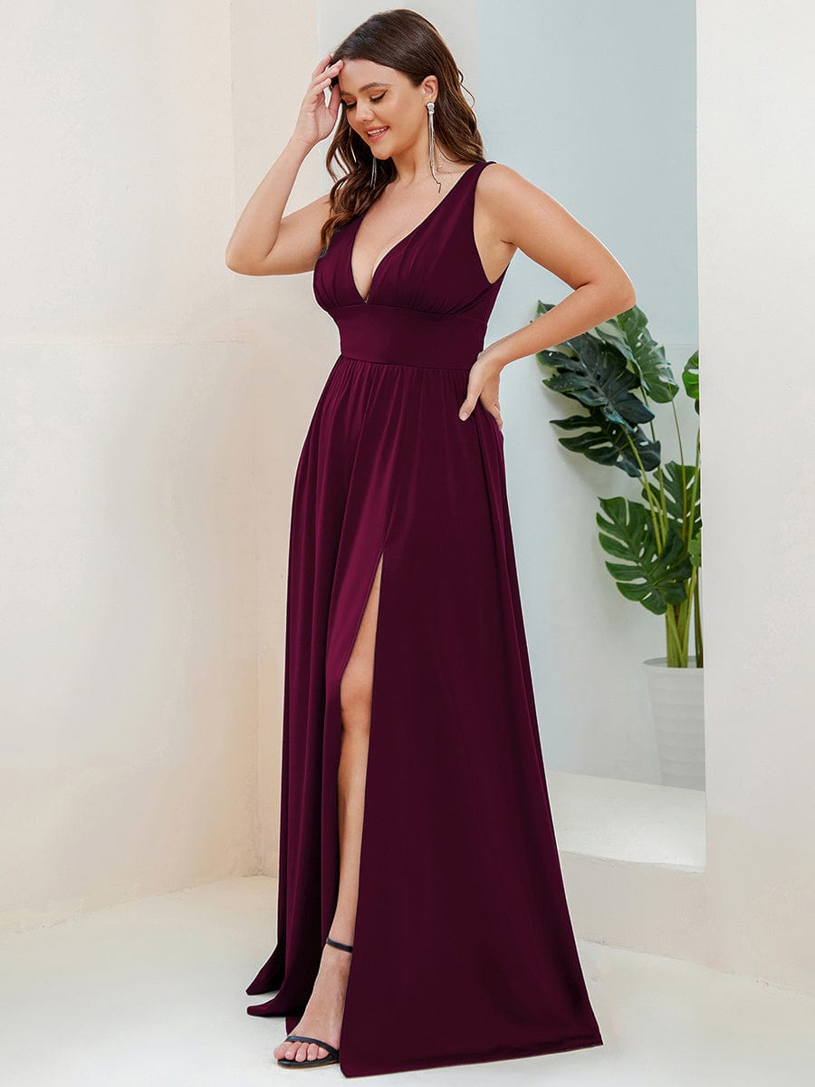 Plus Size Sleeveless V-Neck Empire Waist High Slit Floor-Length Evening Dress