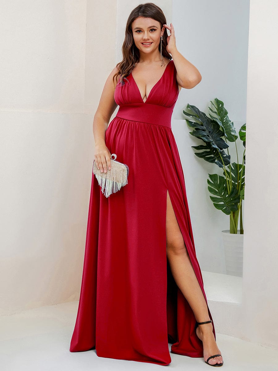 Plus Size Sleeveless V-Neck Empire Waist High Slit Floor-Length Evening Dress