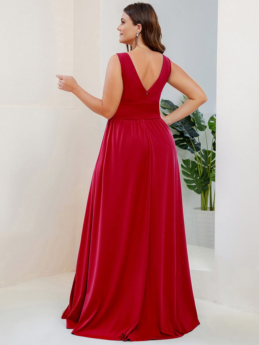 Plus Size Sleeveless V-Neck Empire Waist High Slit Floor-Length Evening Dress