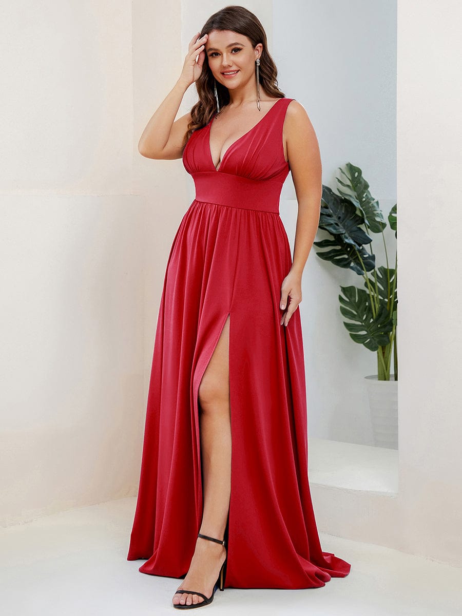 Plus Size Sleeveless V-Neck Empire Waist High Slit Floor-Length Evening Dress