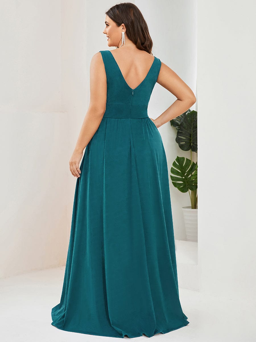 Plus Size Sleeveless V-Neck Empire Waist High Slit Floor-Length Evening Dress