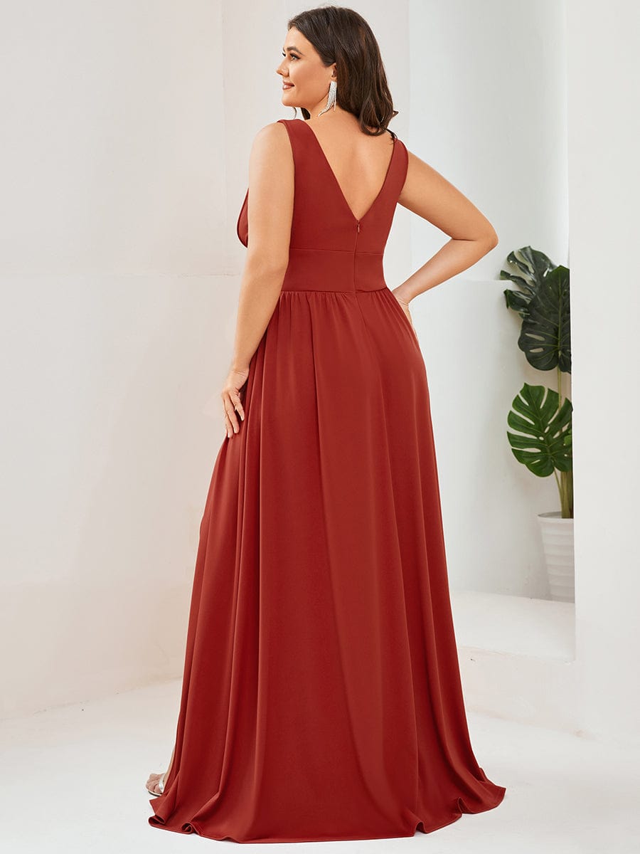 Plus Size Sleeveless V-Neck Empire Waist High Slit Floor-Length Evening Dress