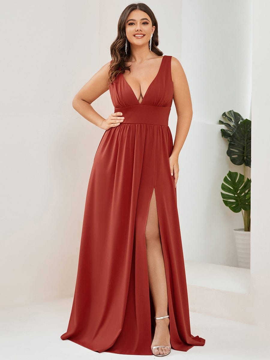 Plus Size Sleeveless V-Neck Empire Waist High Slit Floor-Length Evening Dress