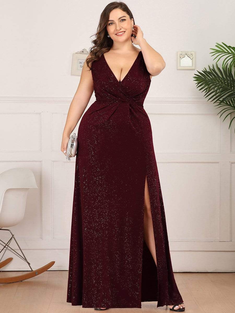 Plus Size Shiny V Neck Side Slit Formal Evening Dress