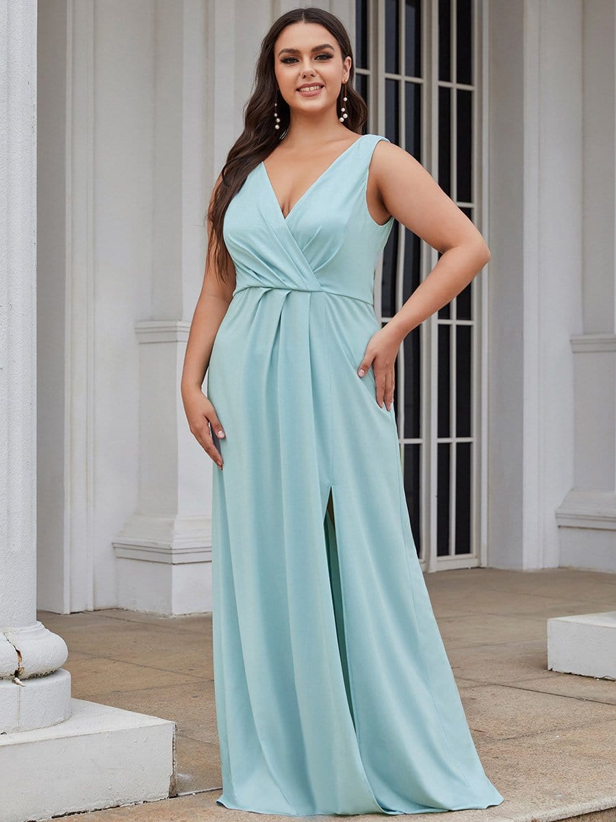 Plus Size Shiny V Neck Side Slit Formal Evening Dress