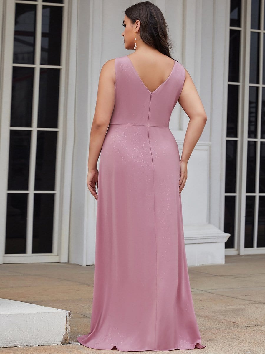 Plus Size Shiny V Neck Side Slit Formal Evening Dress