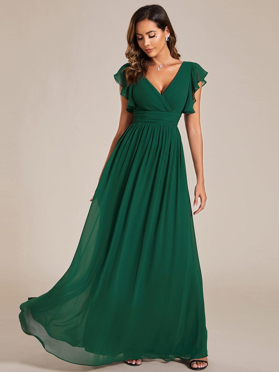 Back Cutout A-Line Pleated Ruffles Sleeve Chiffon Bridesmaid Dress