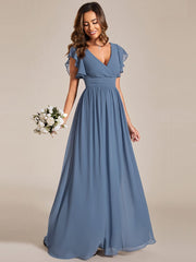 Back Cutout A-Line Pleated Ruffles Sleeve Chiffon Bridesmaid Dress