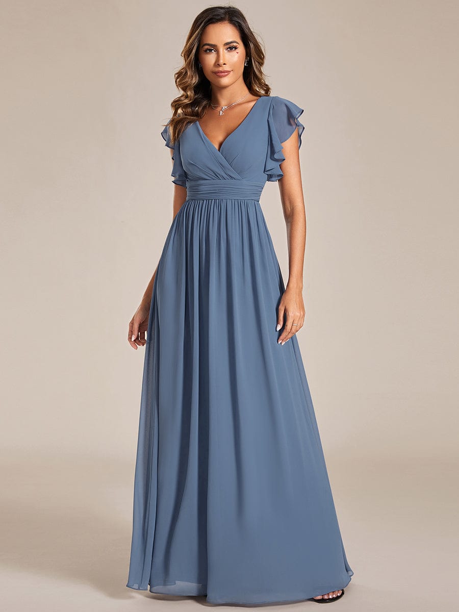 Back Cutout A-Line Pleated Ruffles Sleeve Chiffon Bridesmaid Dress