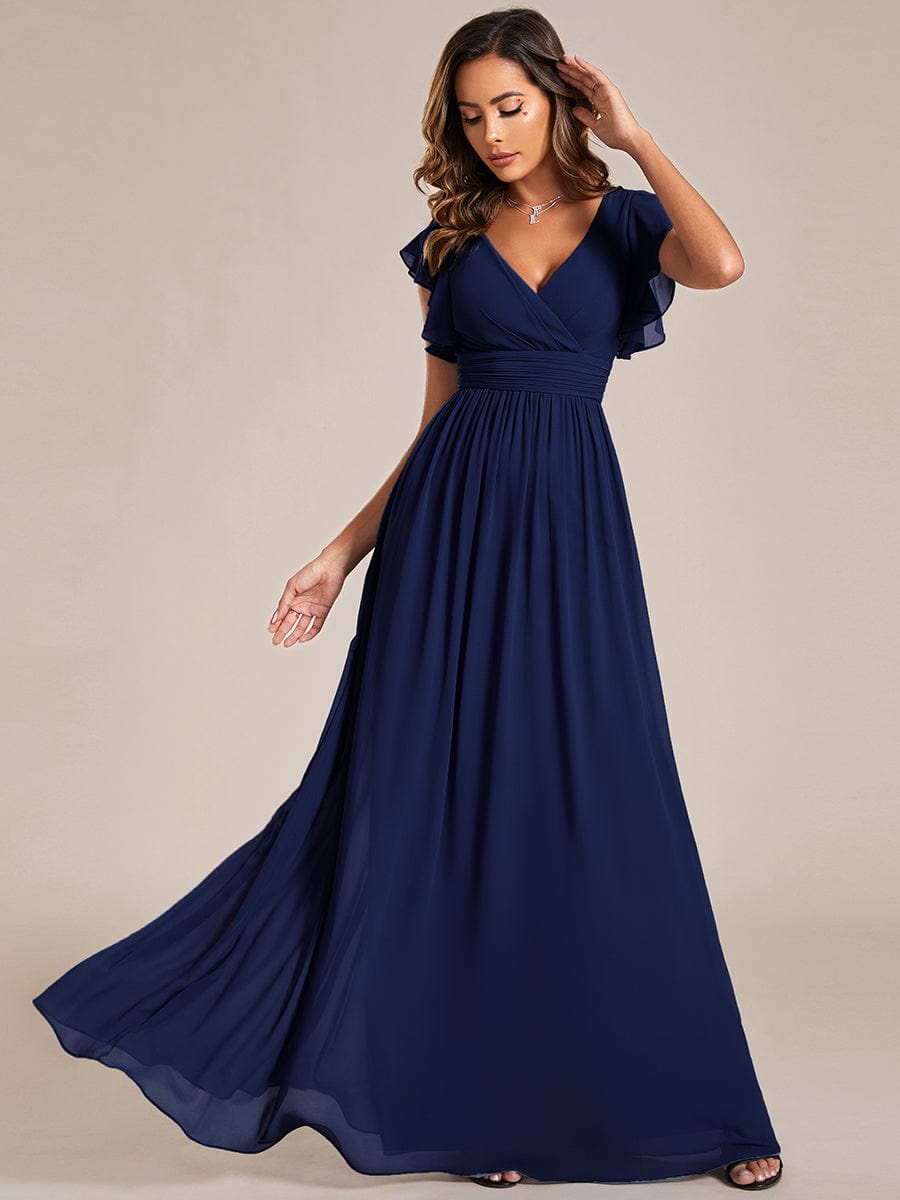 Back Cutout A-Line Pleated Ruffles Sleeve Chiffon Bridesmaid Dress