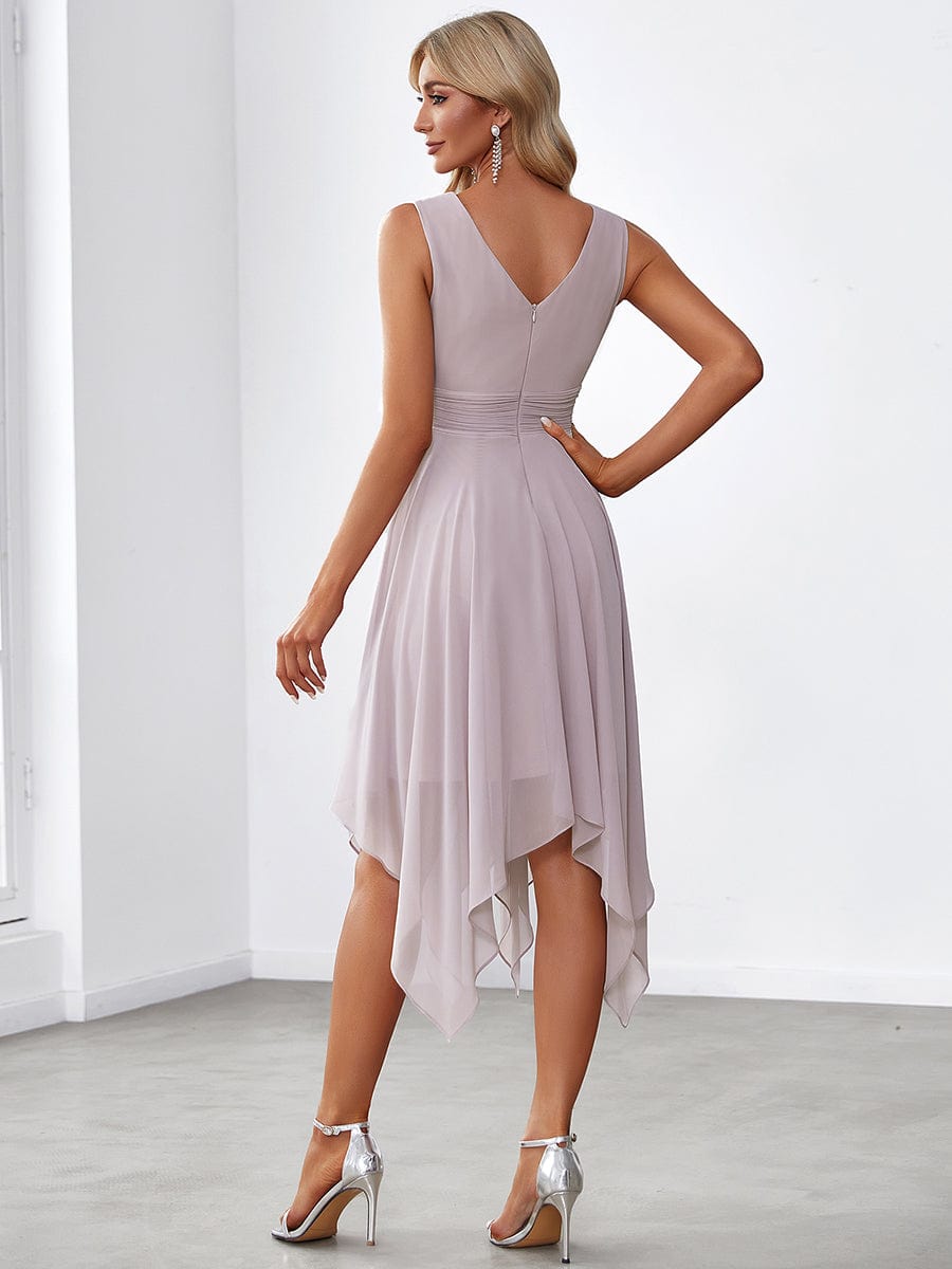 V Neck Ruched Asymmetrical Hems Midi Chiffon Bridesmaid Dress