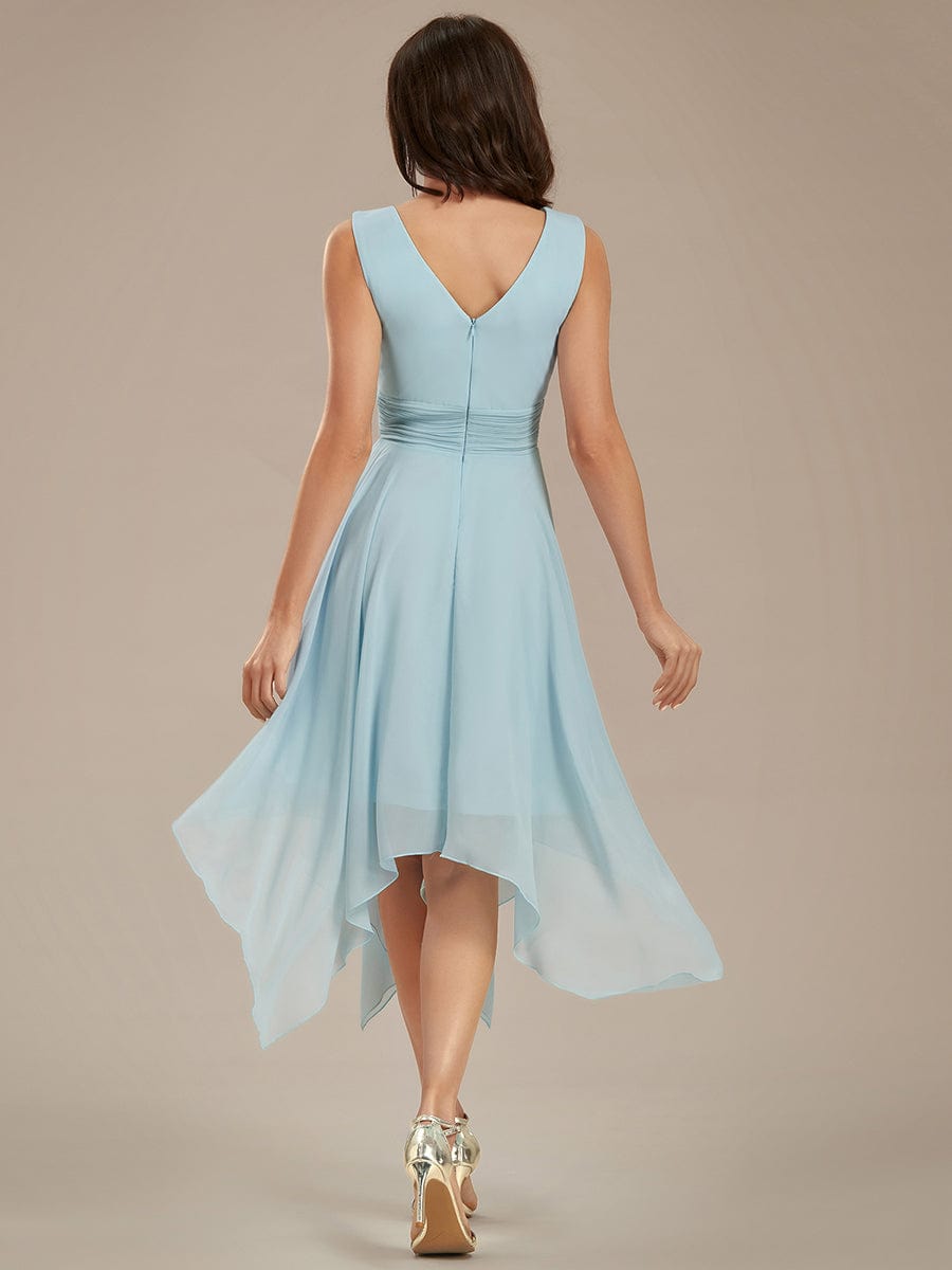 V Neck Ruched Asymmetrical Hems Midi Chiffon Bridesmaid Dress