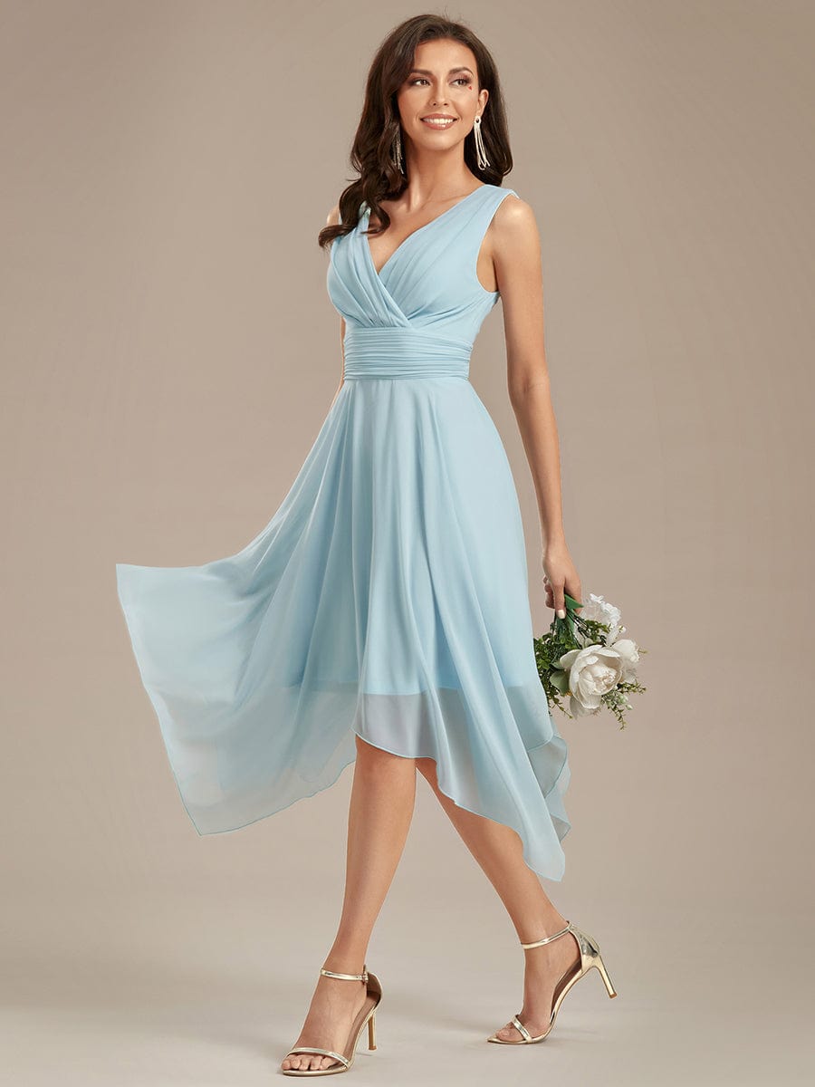 V Neck Ruched Asymmetrical Hems Midi Chiffon Bridesmaid Dress