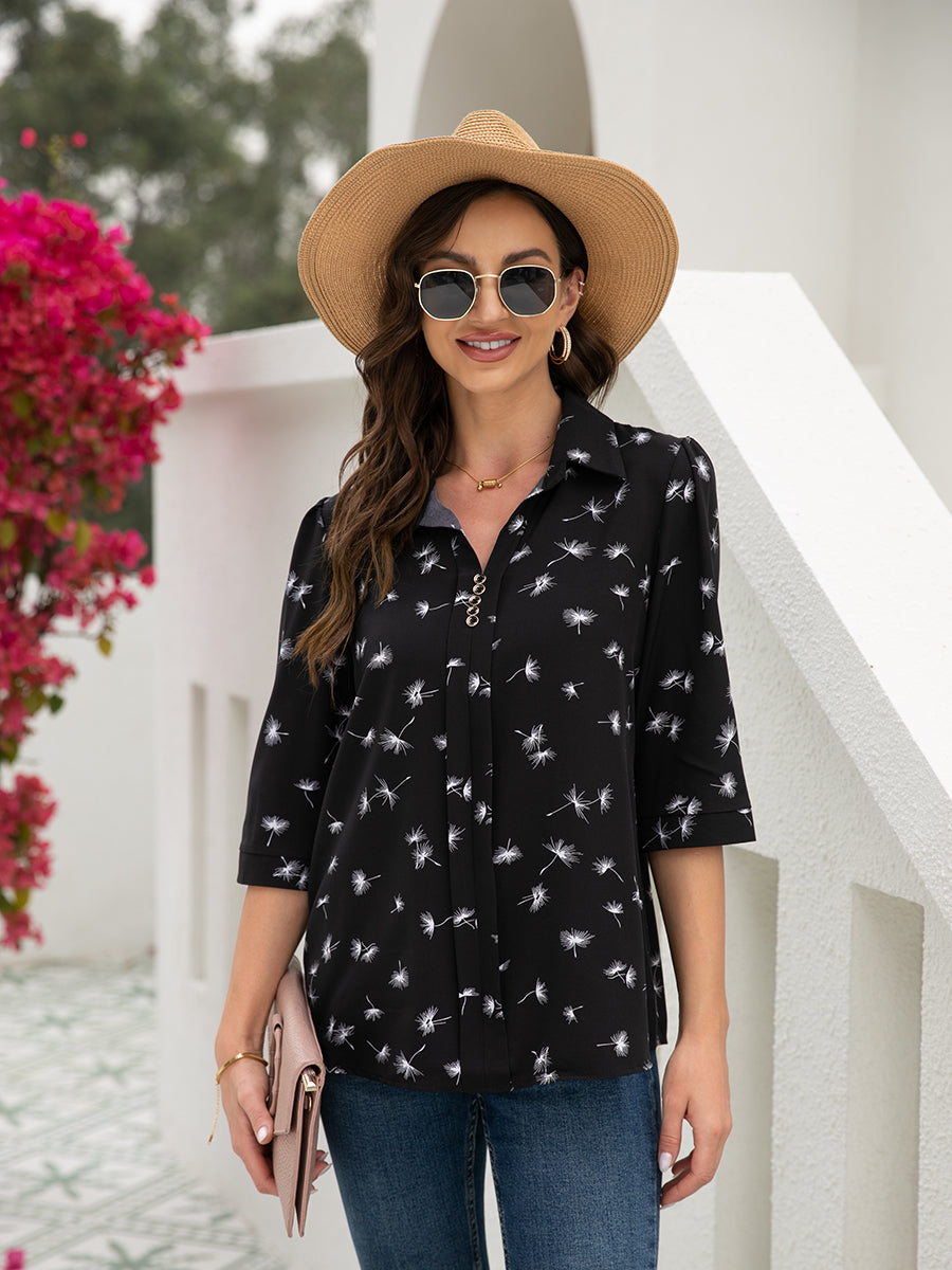 Button Floral Loose Sleeve T-Shirt