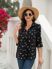 Button Floral Loose Sleeve T-Shirt