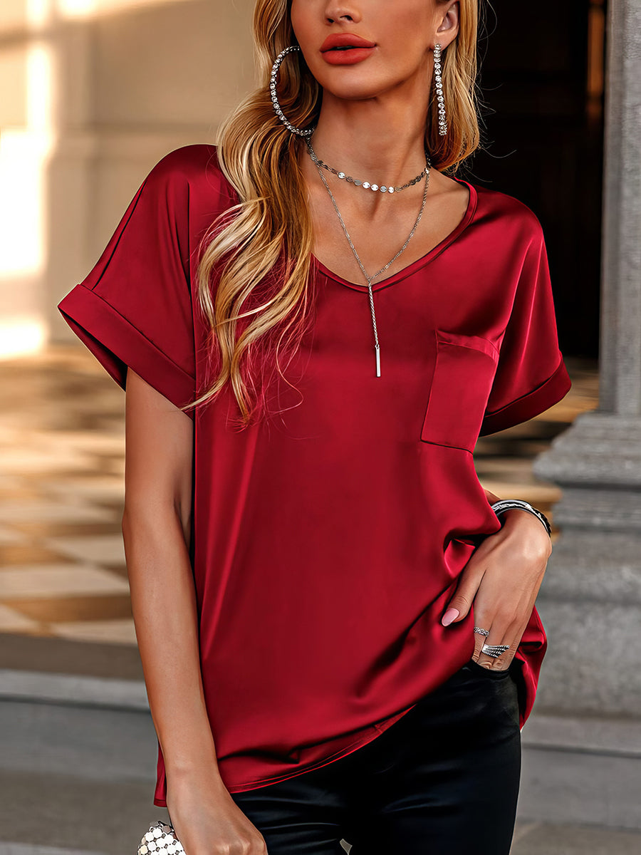 V Neck Pocket Rolled Short Sleeve Loose Casual T-Shirt