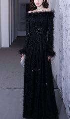 SEQUIN SEXY OFF SHOULDER FEATHER LONG SLEECES GOWN IN BLACK