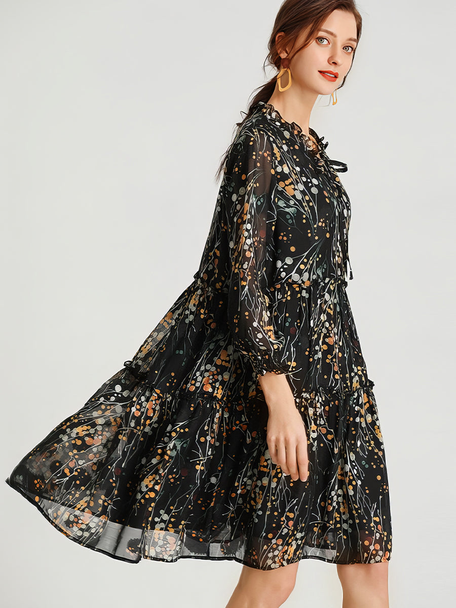 Size Curve Dresses Loose Floral Temperament Slim Long Sleeved Mini Dress