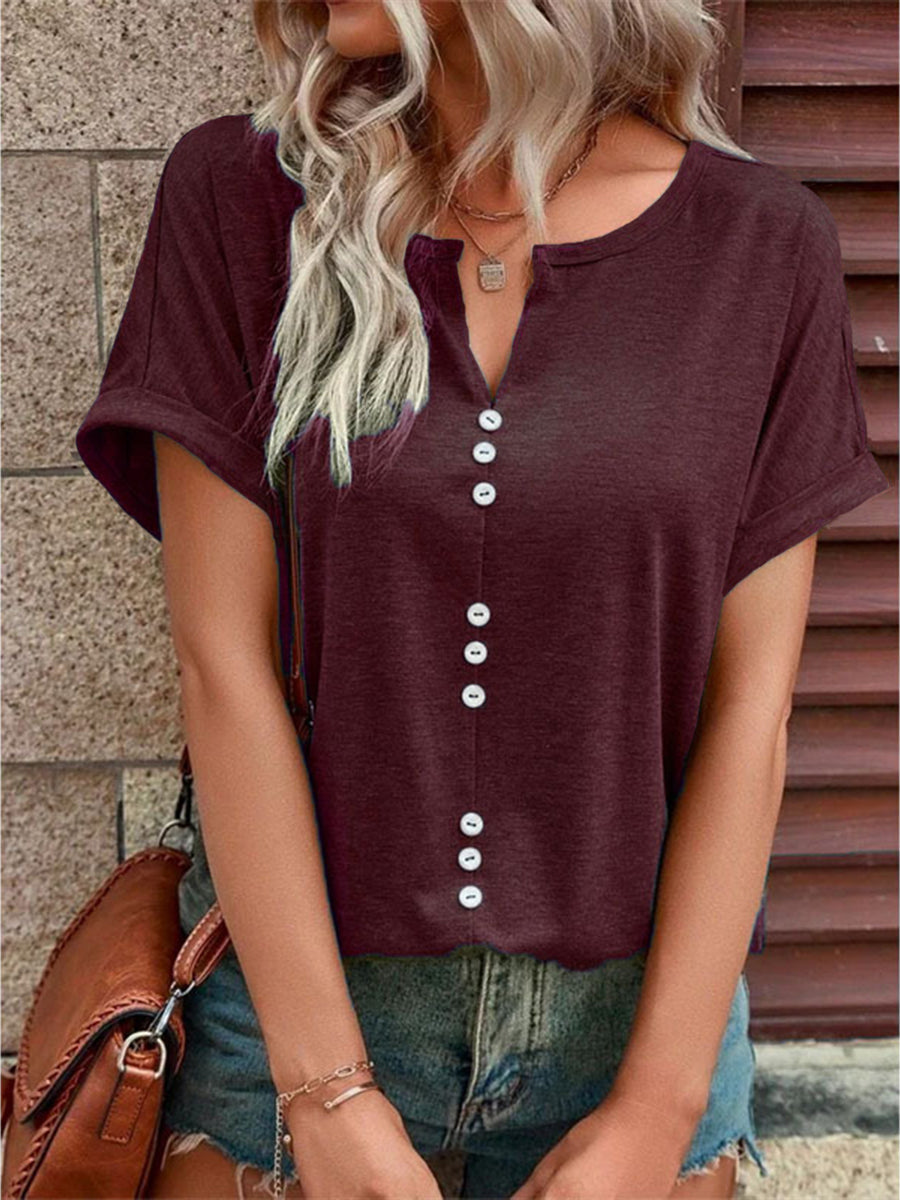 V-Neck Button Short-Sleeved T-Shirt