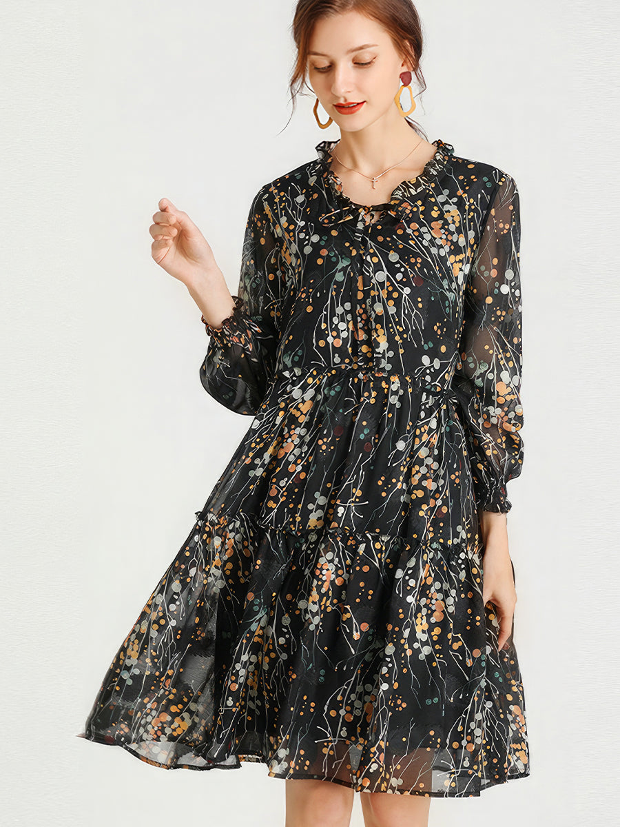 Size Curve Dresses Loose Floral Temperament Slim Long Sleeved Mini Dress