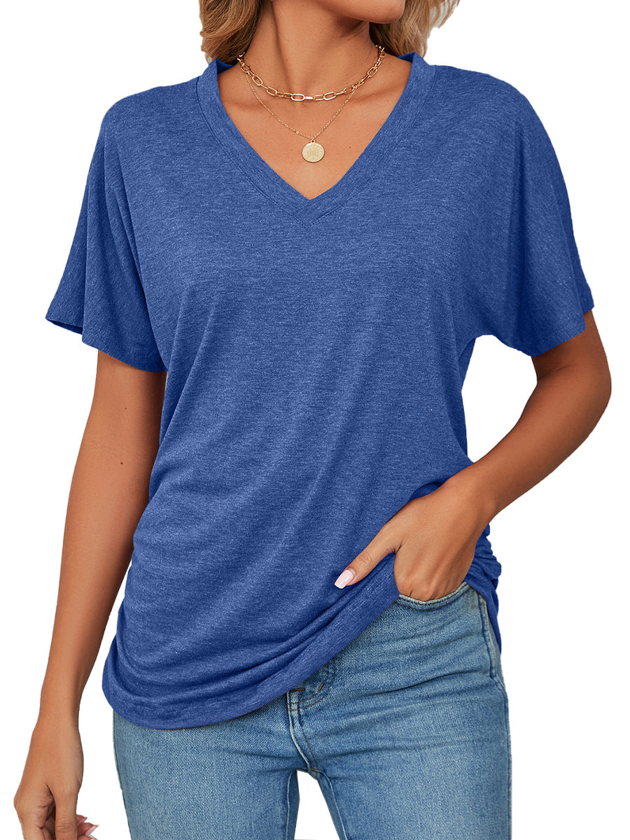 Casual V Neck Short Sleeve Solid Color Basic T-Shirt