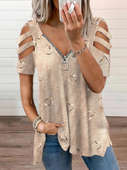 Zipper Print Loose Casual V Neck Short Sleeve T-Shirt